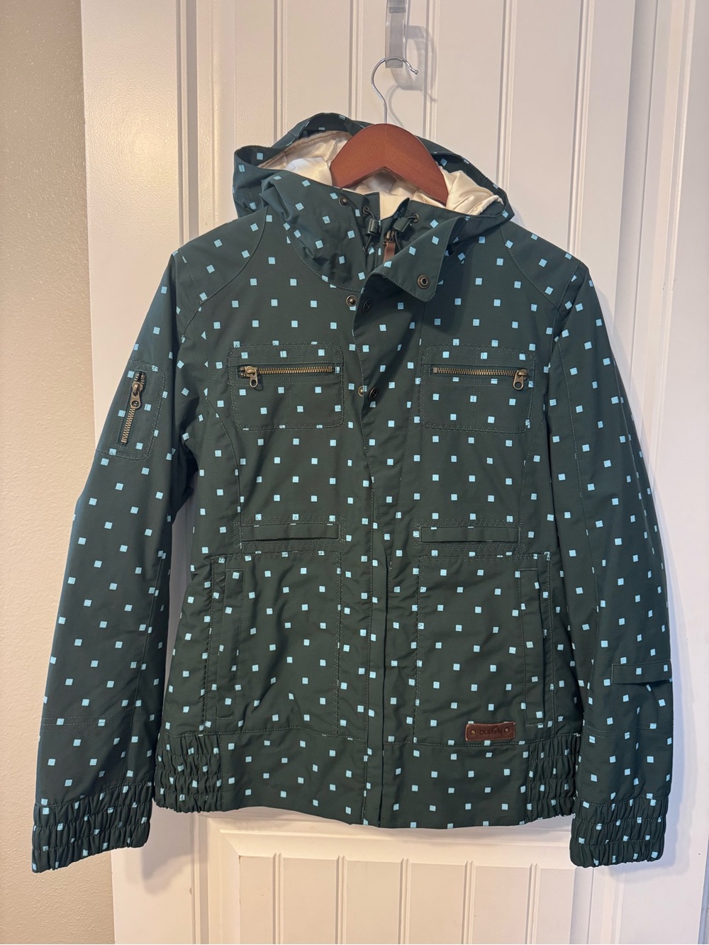 Burton Hooded Ski Jacket in Dark Teal with Light Blue Squares